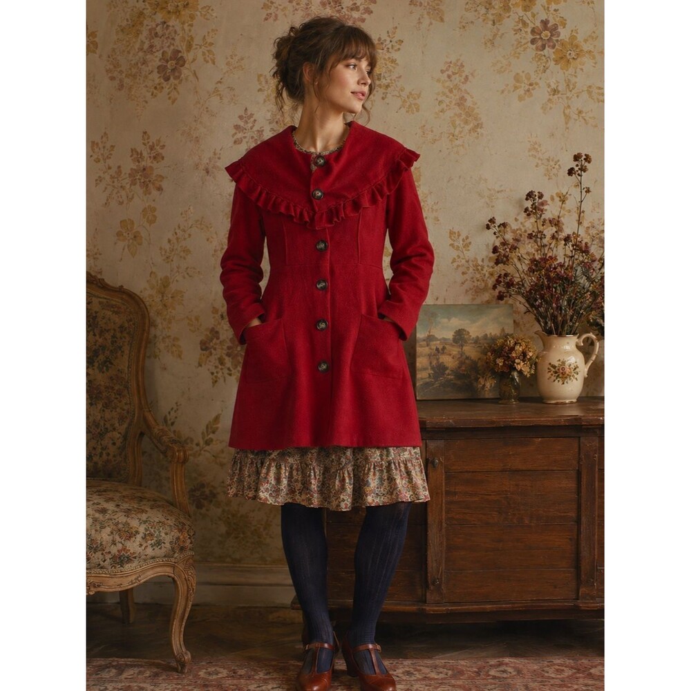 Anthropologie HWR Boiled Wool Ruffled Collar Jacket Coat Twee XS Persimmon Red